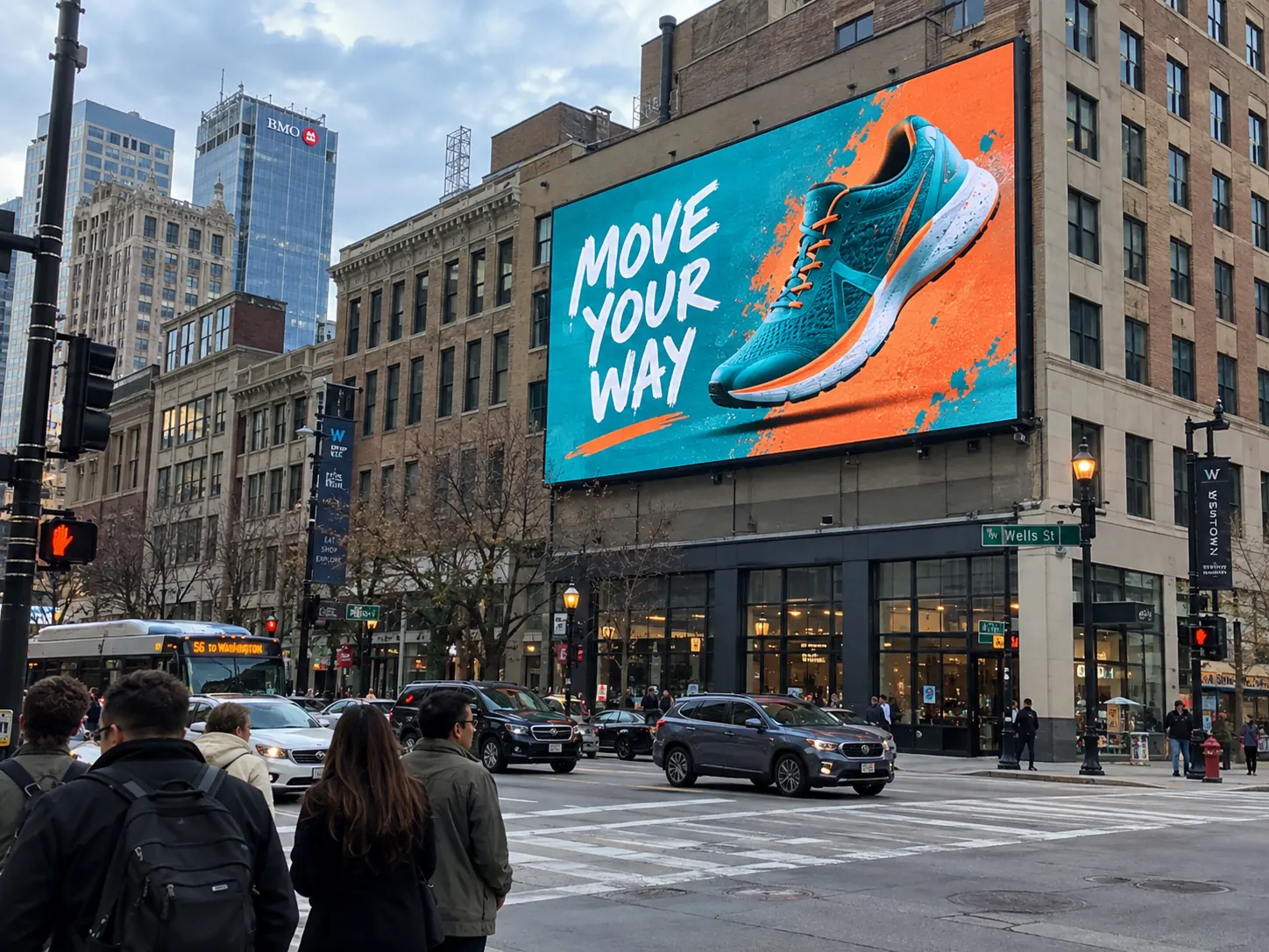 Building-mounted LED display Building-mounted LED advertising display in an urban streetscape