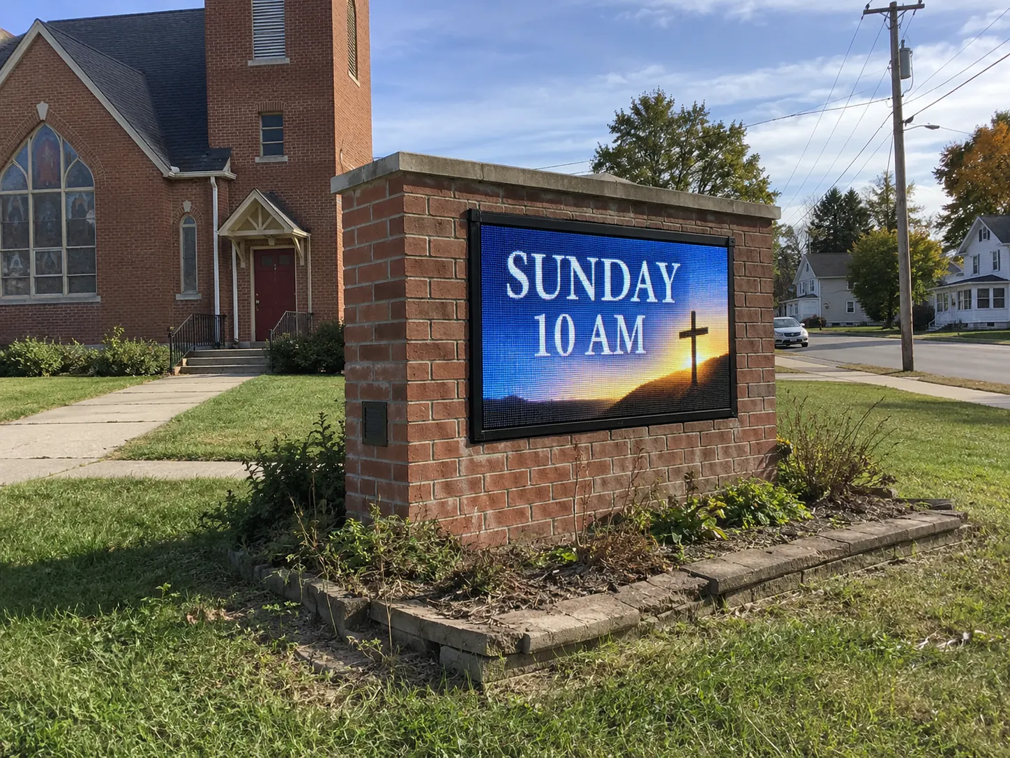 Integrated monument LED sign application LED message center integrated into a brick monument sign outside a church