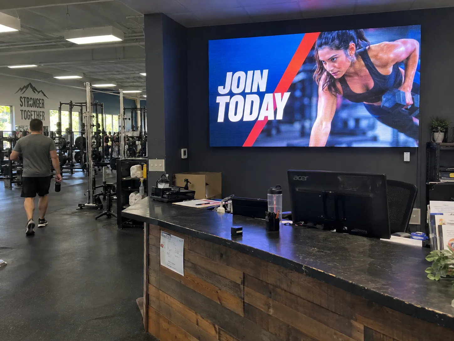 Indoor LED video wall application Indoor LED video wall installed in a fitness center reception area