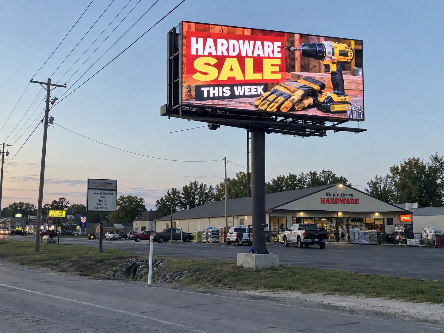 Large-format outdoor LED billboard Large outdoor LED billboard displaying a hardware store promotion