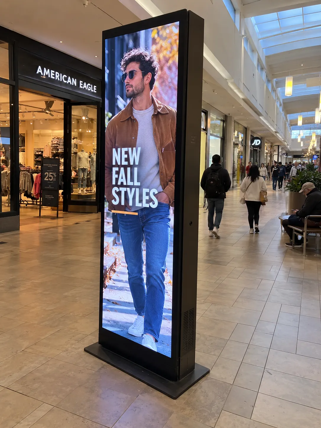 Portrait retail digital kiosk Portrait indoor digital display in a retail shopping environment